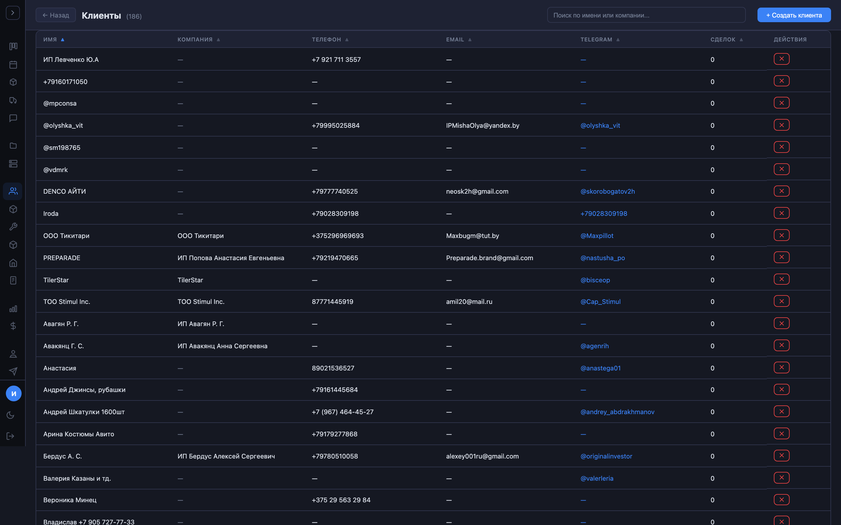 Таблица клиентов